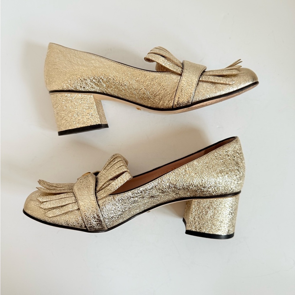 Gucci Gold Metallic leather GG fringe Marmont 55mm Heeled Loafer pumps EU 38 - Picture 4 of 12